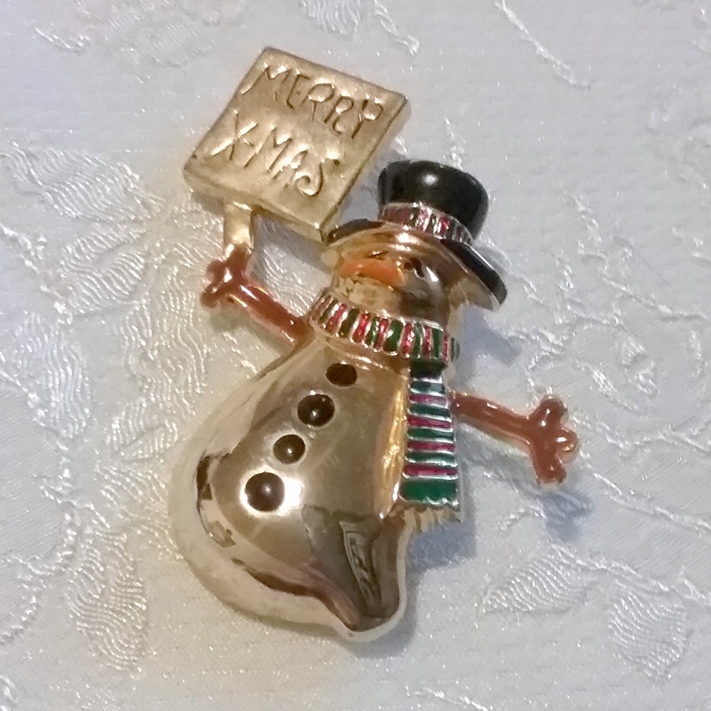 Vtg AAi Gold Tone Enamel Snowman Christmas Brooch